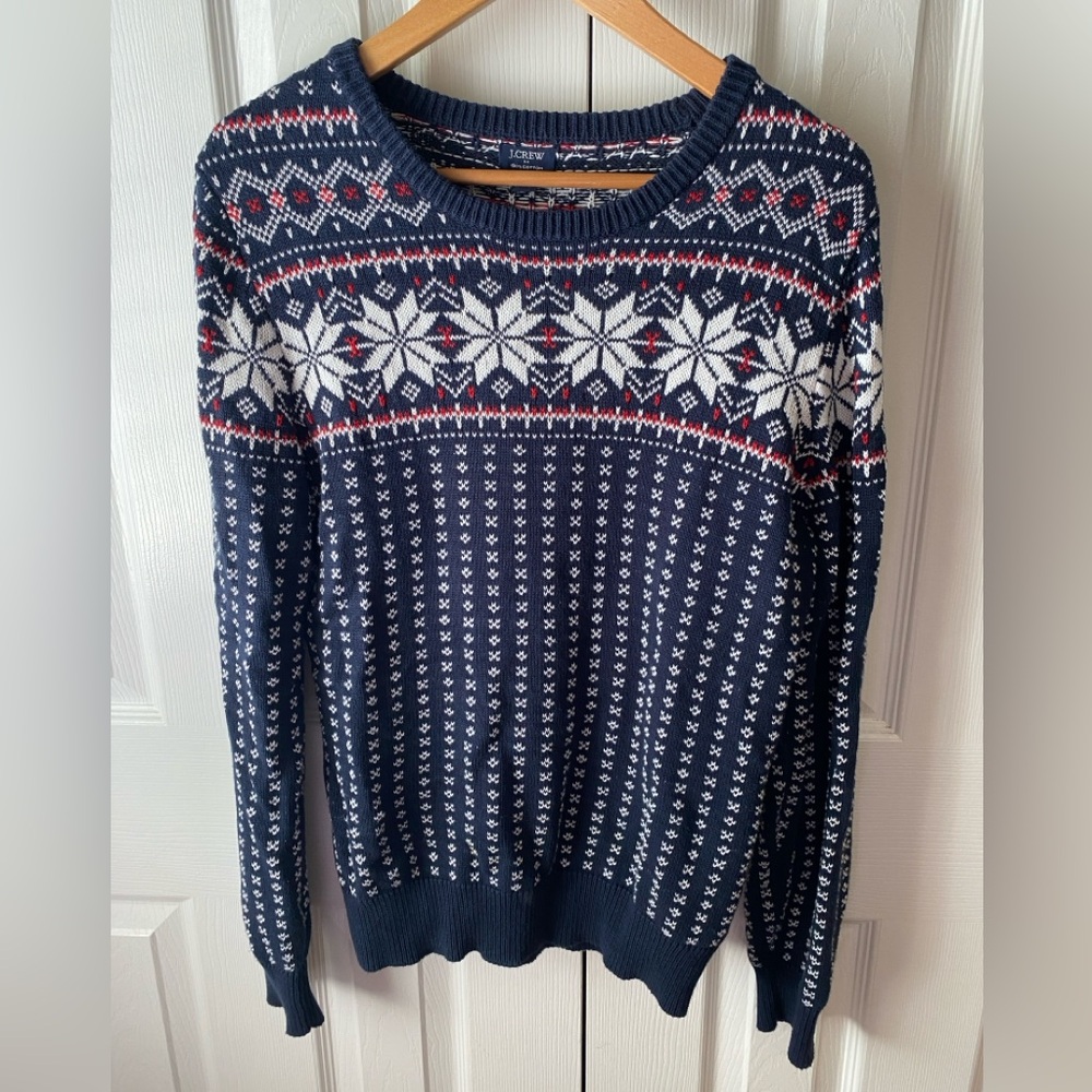 J.CREW Factory Navy Blue Cotton Fair Isle Crew Neck Sweater SZ S